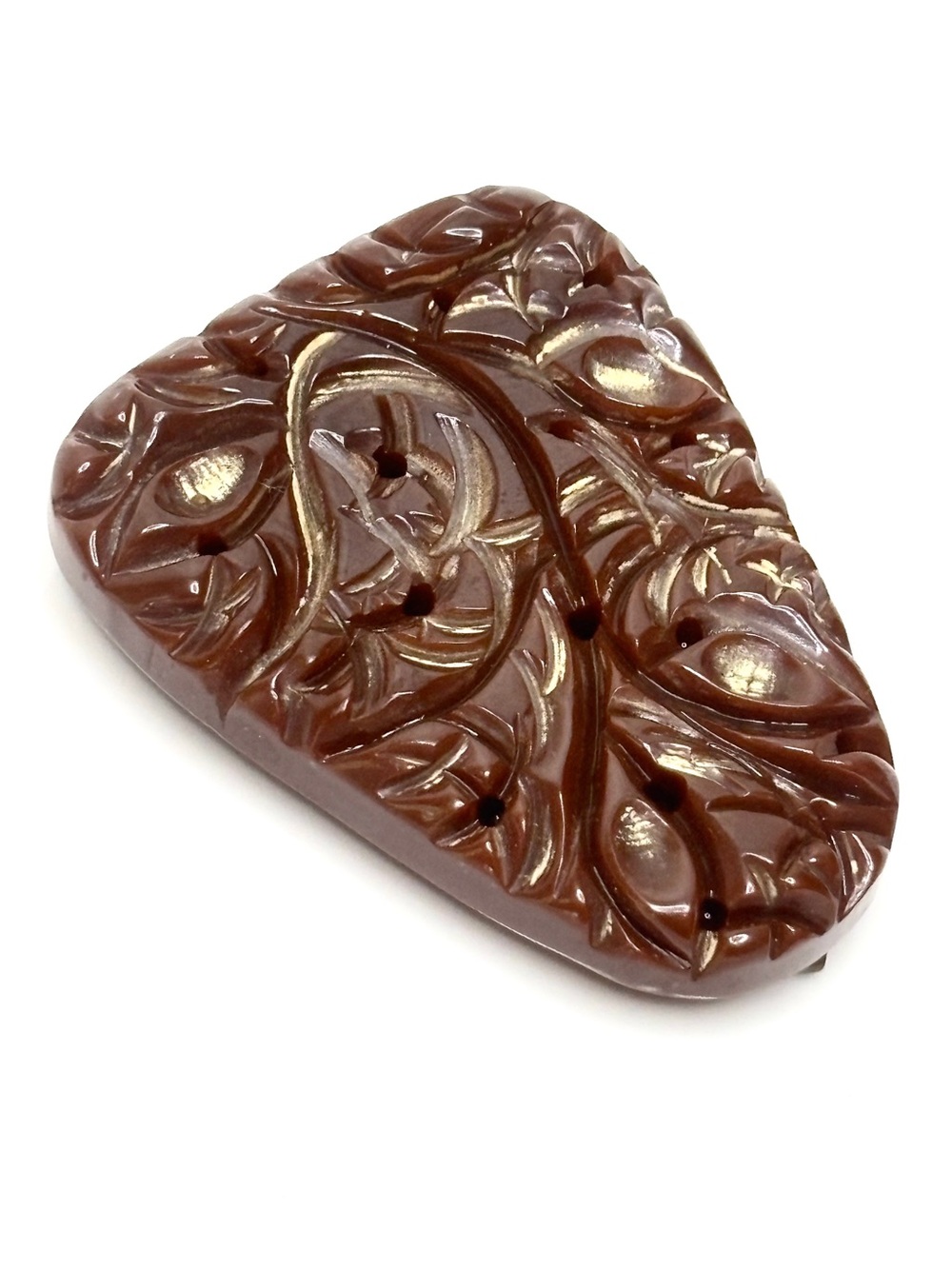 RARE 1930’s Bakelite Clip Floral Foliage Carved Chocolate Brown Gold Highlights